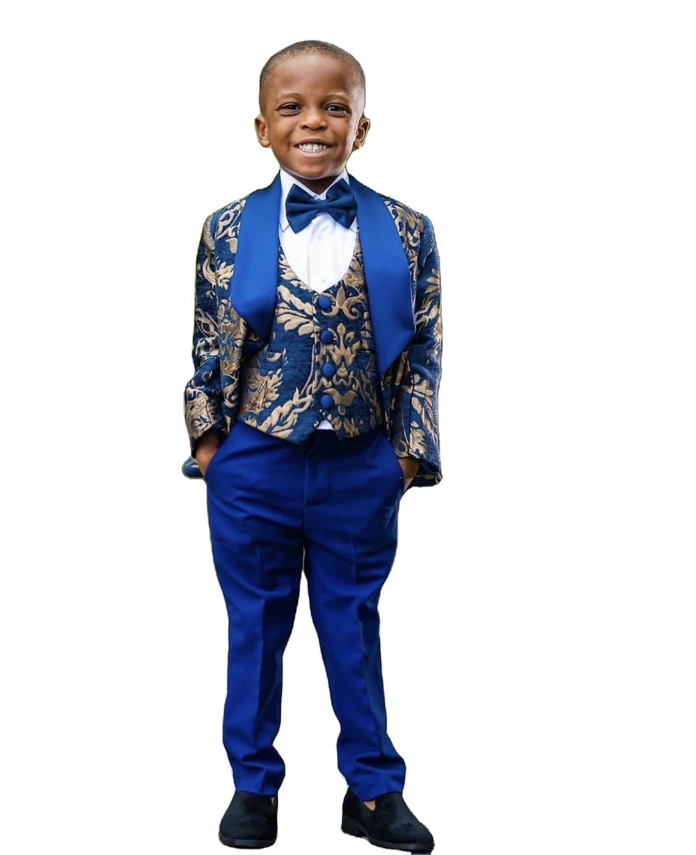 Royal Blue Print Blazer Vest Pants 3 Piece Sets Kids Clothes Party Suit For Boys Paisley Children Outfit Wedding Boys Suits