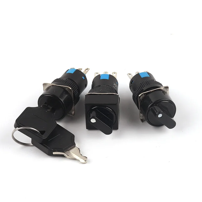 Small Square&Round button Switch 16mm Hole AB6 3 Position Knob button Switch With key Start Up Power Switch