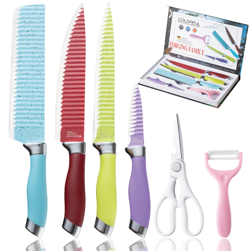 6 pcs Kitchen Knives Eco-friendly Spray Paint Chef Knife Peel Kitchen Scissors Set non stick cookware set kitchen gadets