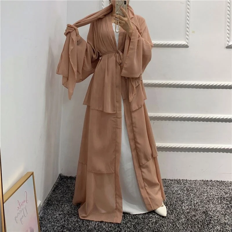 2022 New Arab Dubai 3 Layers Open Abaya Islamic Dresses Dubai Muslim Abaya Modern Islamic Front Open 3 Layers Abaya
