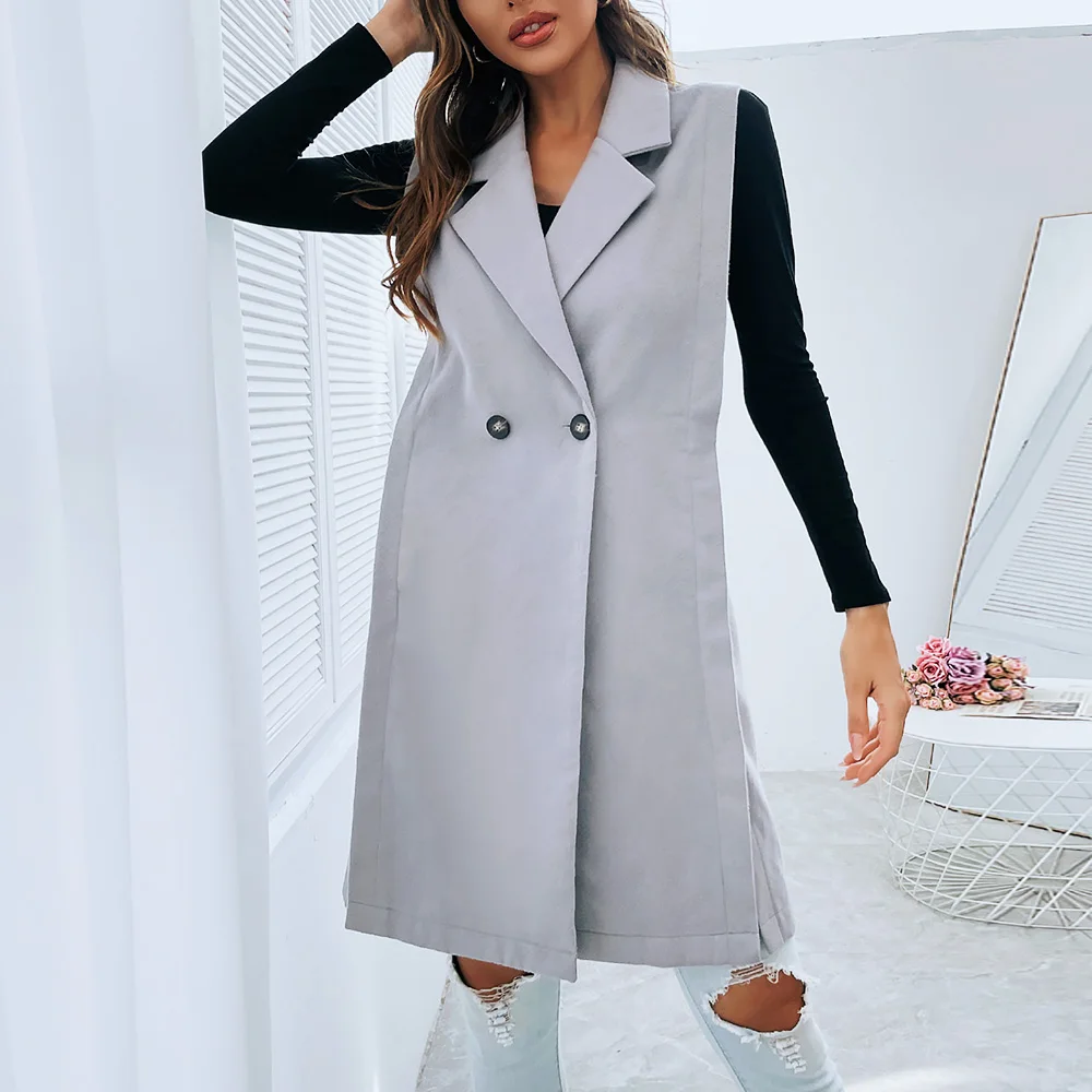 autumn Fashion buttons office women gray Jacket Suit Coat Vest with large lapel side slit