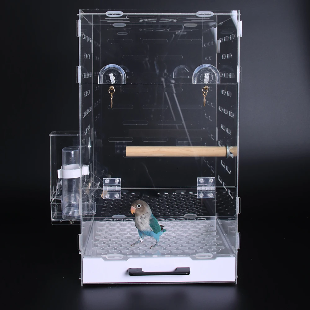 Custom big size  rectangle clear Acrylic Parrot Bird Cages with breeding door and food cups