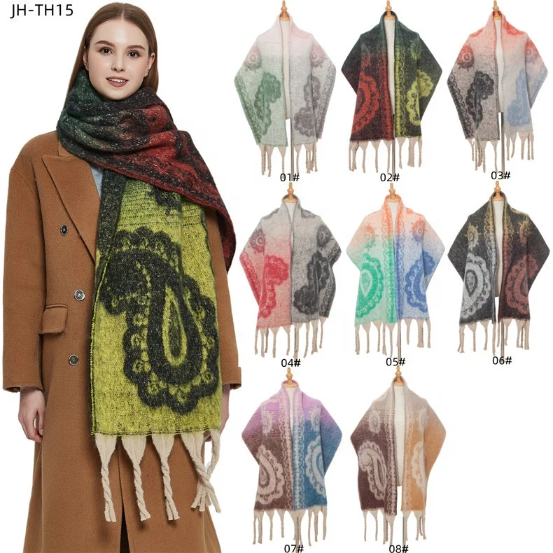 Feel Acrylic Scarf Pashmina Blanket Shawls Women Stripes Scarf with Fringe Circle Yarn European Winter Warm Oblong Cashmere Long