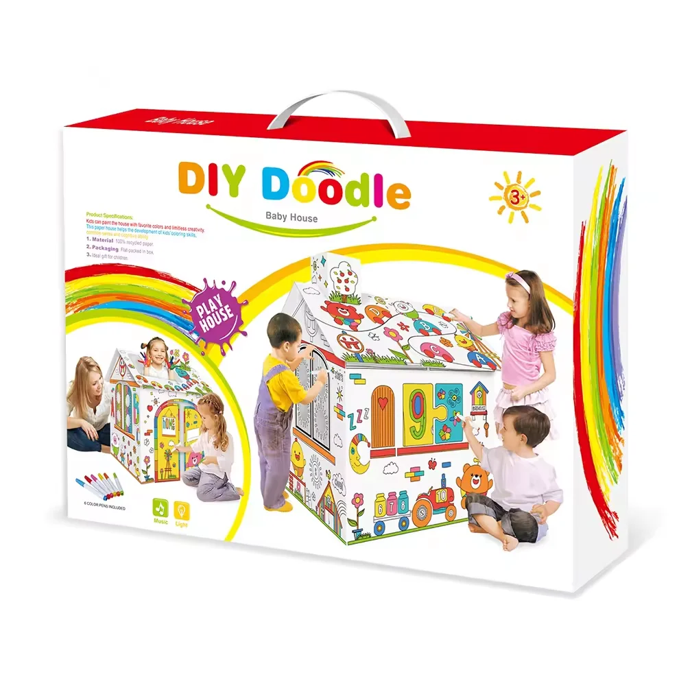Educational Learning Coloring 3D  DIY Puzzle Doodle Cardboard Cubby House With Light & Music