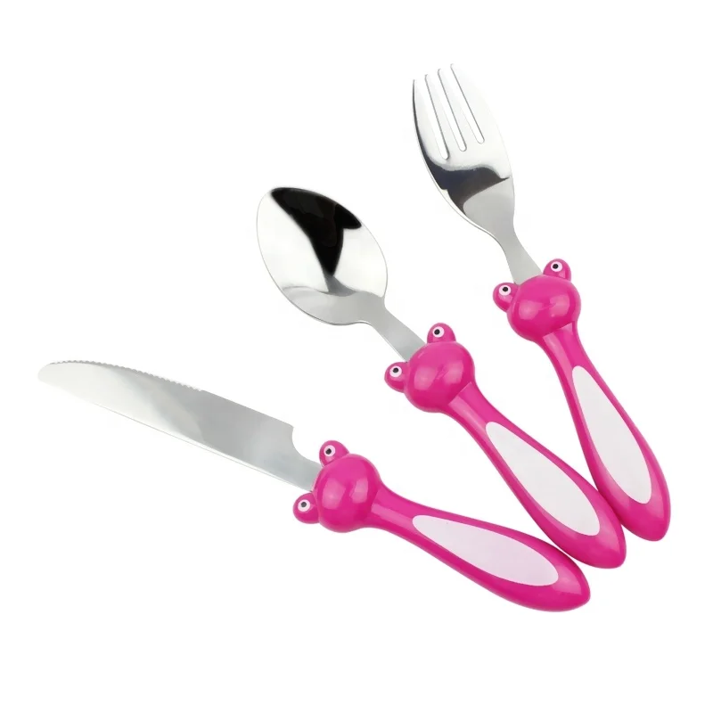 
Jieyang supplies custom wholesale kid stainless steel cutleri creative pink plastic handle child cutlery set cubiertos 