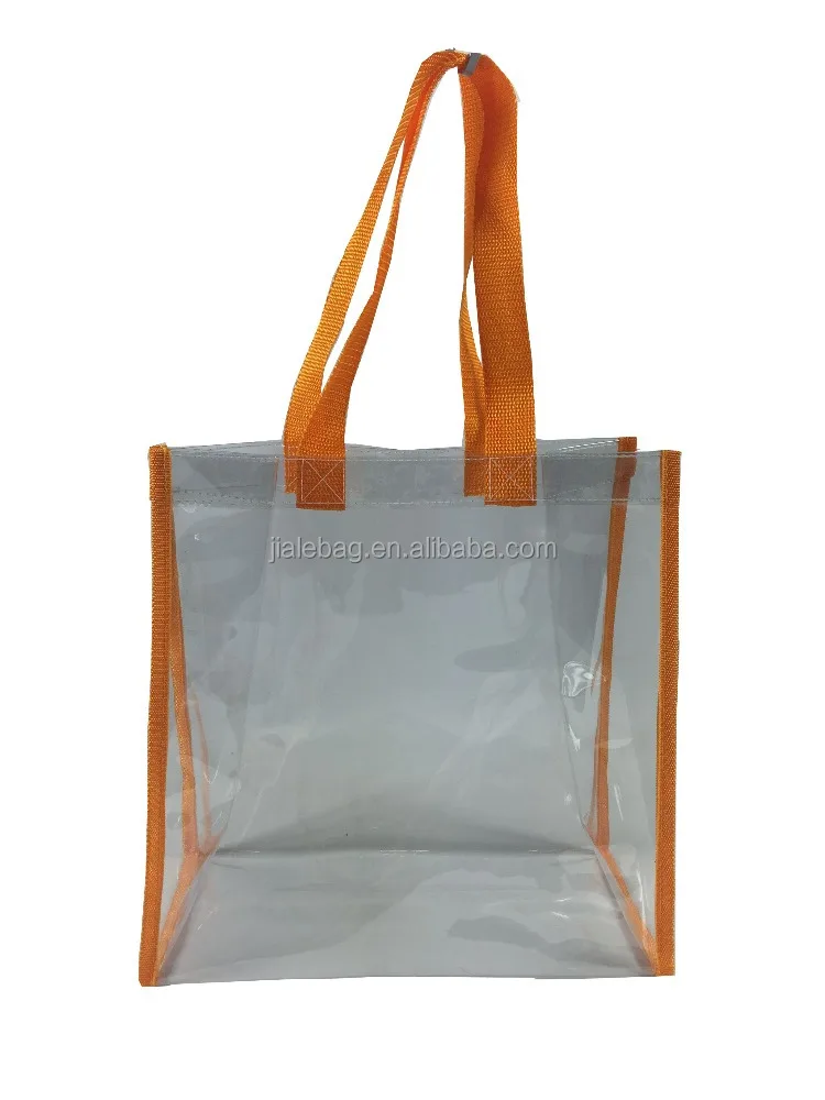 New design clear pvc shopping bag with long handle