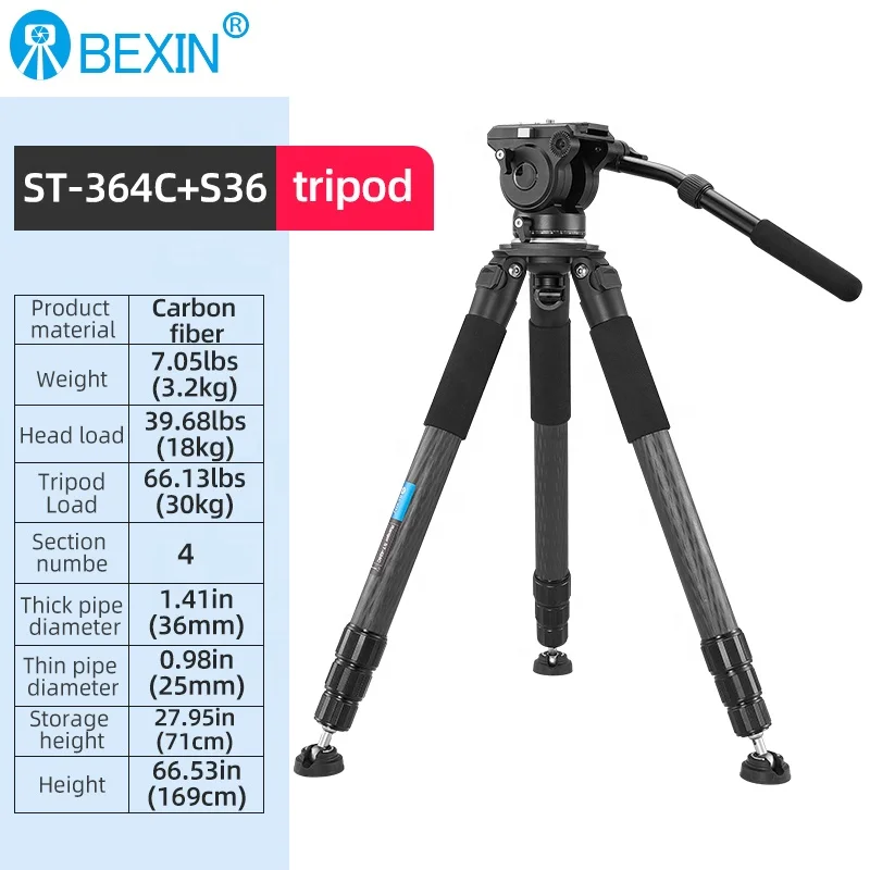 BEXIN ST364C professional heavy duty flexible carbon fiber camera holder tripod support dslr tripod stand for video cameras