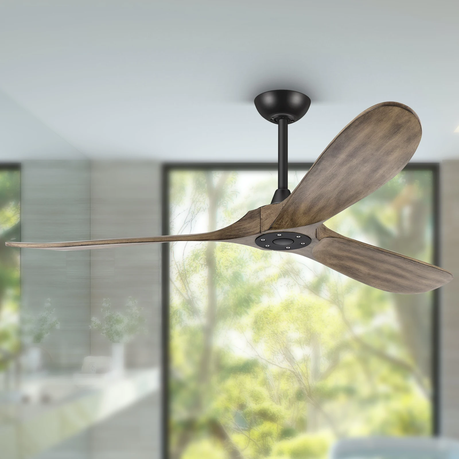 60' Wooden Ceiling Fan Without Lights, 3 Blades 5 Speeds Remote Control Reversible DC Motor, Ceiling Fan for Indoor Outdoor
