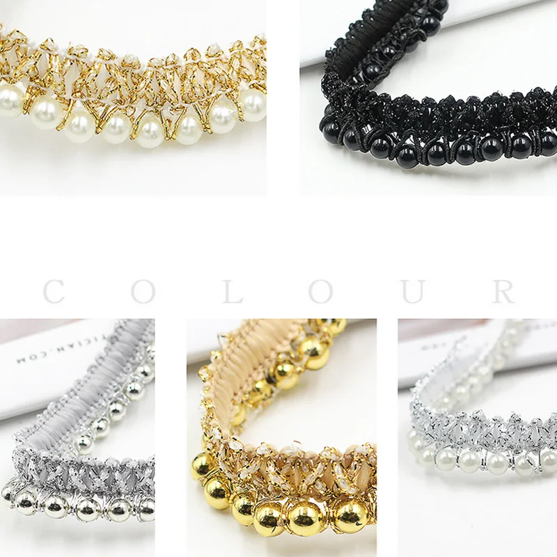 Cheap diy accessories 15mm wide gold curtain fabric lace decoration clothing sewing pearl beaded braided lace trim for costume