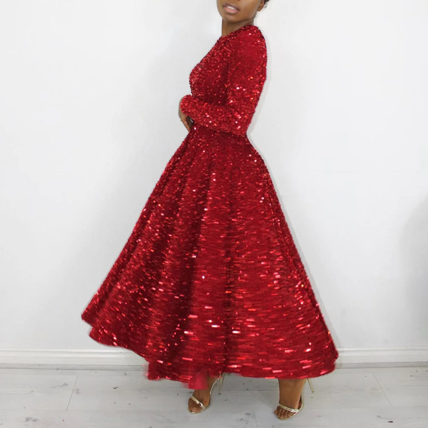 D469 Trendy Party Dress For Women O-neck Long Sleeve High Waist A-line Sequin Dress Elegant Gowns For Women Evening Dresses