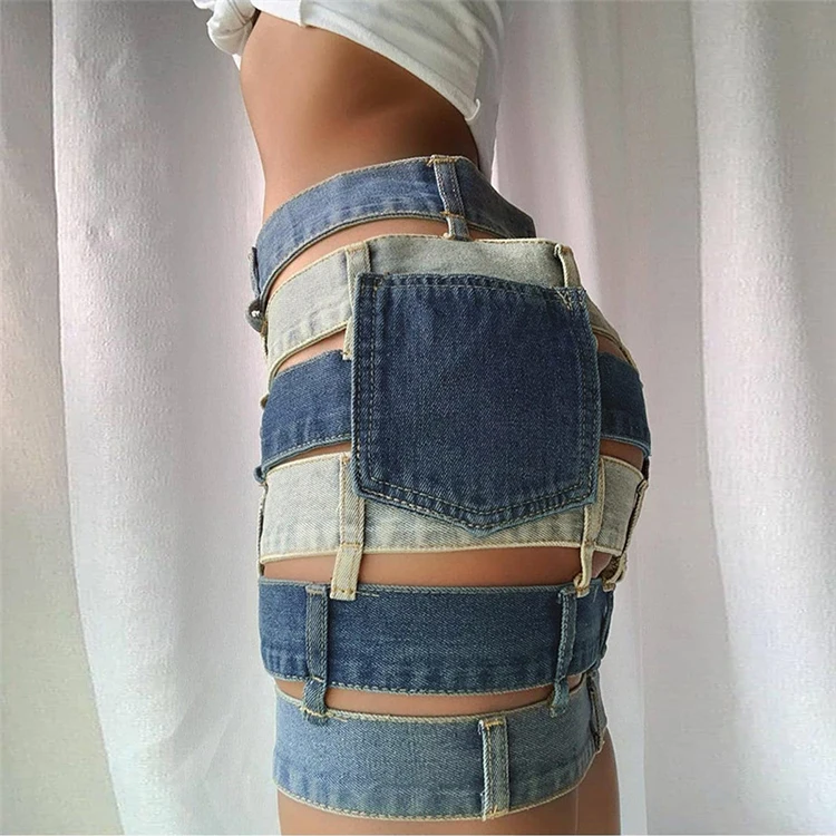 New Arrivals 2021 Clubwear High Waist Sexy Buttons Front Hollow Out Lady Blue Short Denim Jean Skirt Mini Skirts For Women