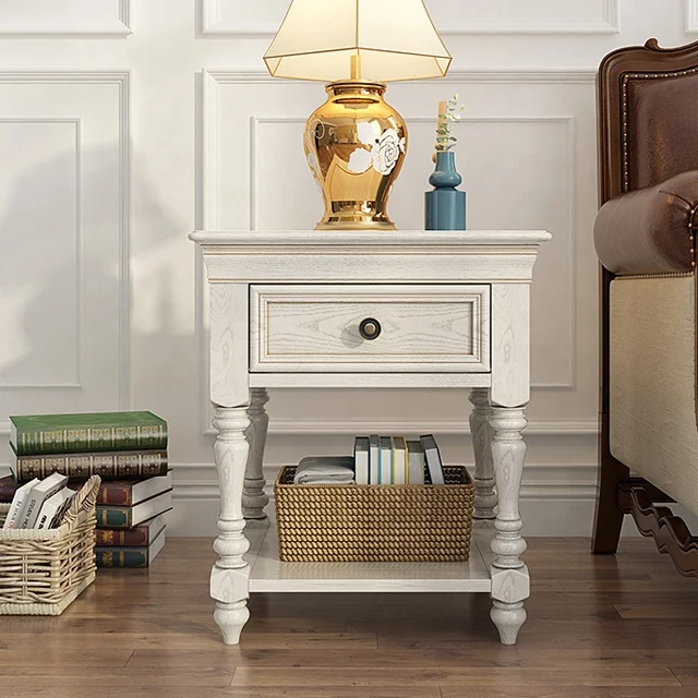 france white wood coffee side table modern	with 1 drawer and 1 shelf for living room