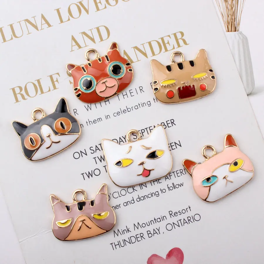 20x25mm DIY Gold Plated Zinc Alloy Jewelry Making Accessories Enamel Enameled Cute Cartoon Animal Big Face Cat Pendant Charm