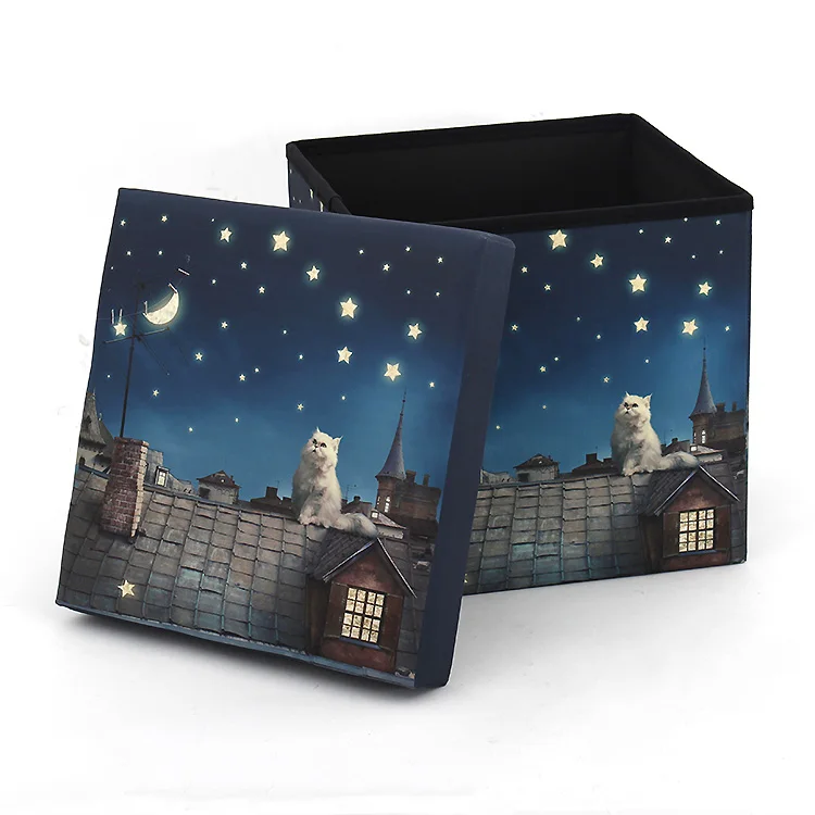 Customized Blue Star Cartoon Cat Foldable storage ottoman with LED Design for living room