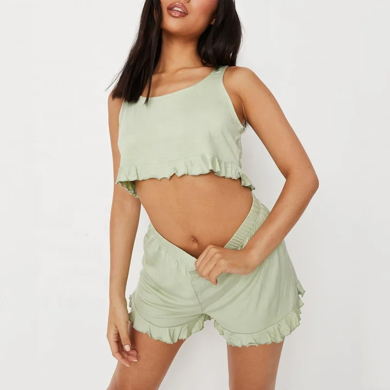 Summer sexy hot women sleepwear soft material custom girls pajamas frill crop vest and shorts two piece pyjama set