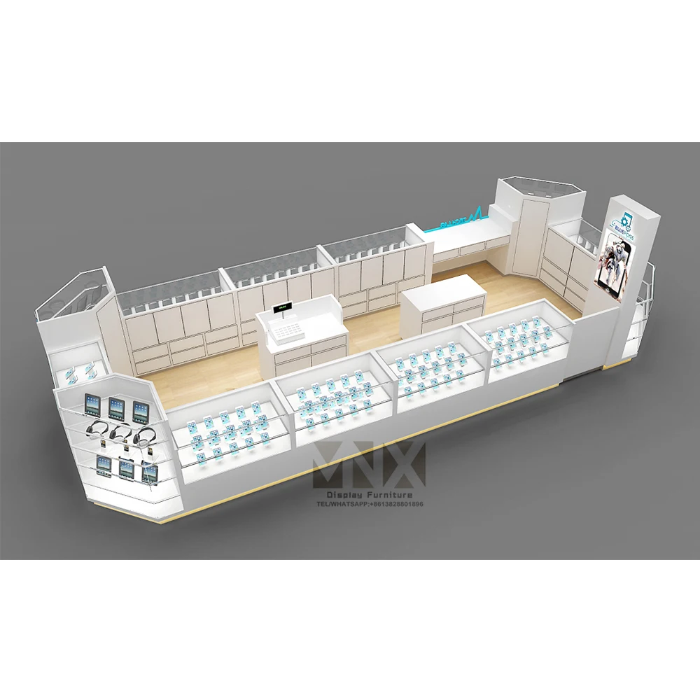 Customized design 3d cell phone Accessories Showcase kiosk design mobile phone display furniture with light strip