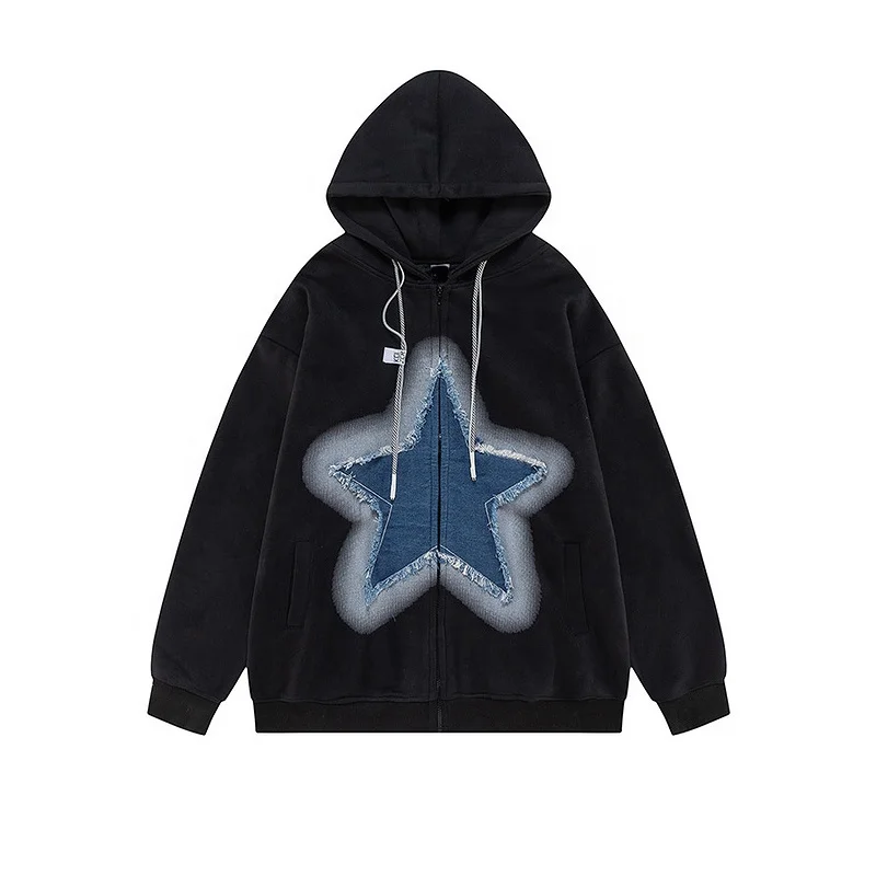 China manufacturers Custom 470gsm heavy weight thick fabric cut and sew LOGO full zip vintage embroidery patch men zip up hoodie