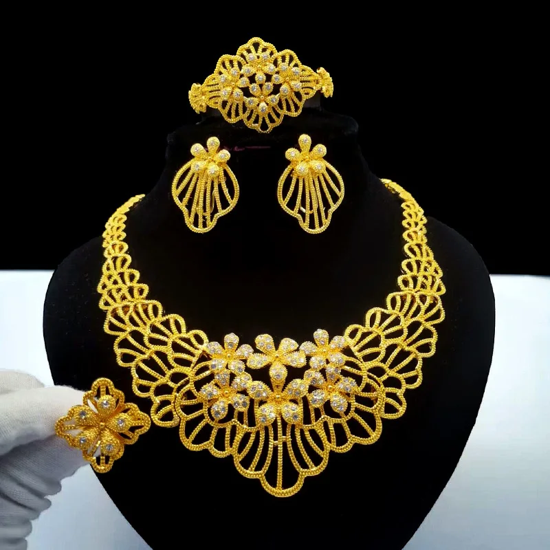 Bridal Indian Set 2024 24K Gold Dubai Wedding Rings Jewelry Gold Jewelry Necklace 24K Dubai Gold Jewelry 24K