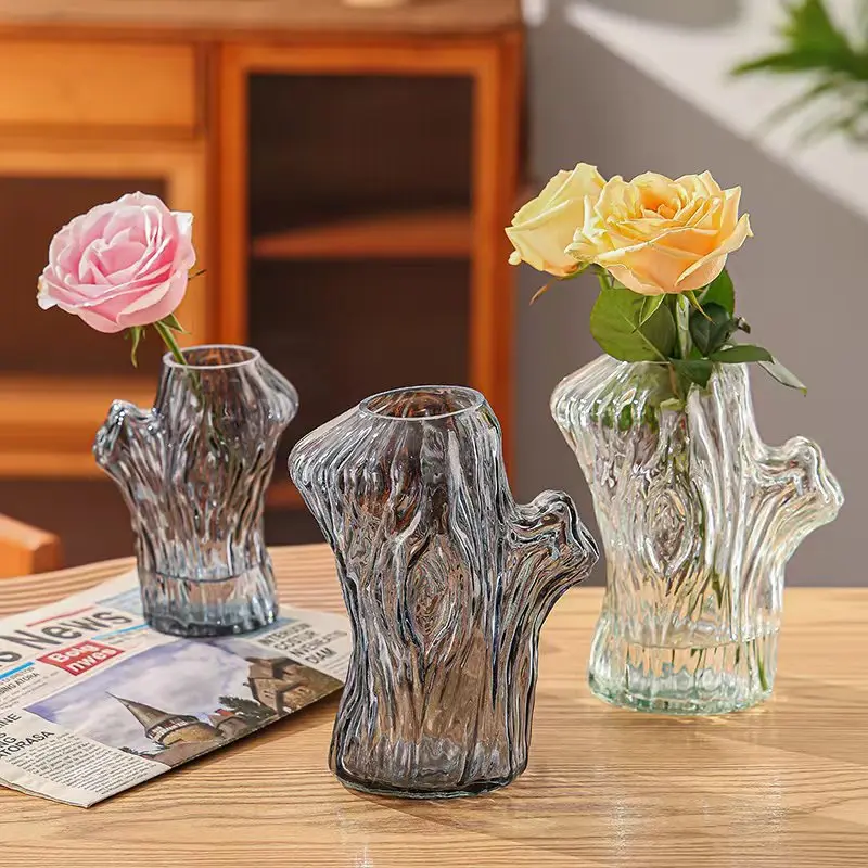 Unique Nordic Luxury Wood Grain Cement Stand Transparent Clear Flower Vases Cylinder Table Glass Vase For Home Decor