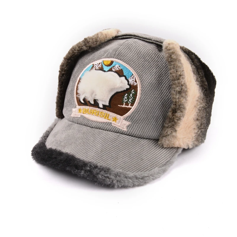 Wholesale 6 panel Men Corduroy Hunting Hats Winter Warm Faux Fur Earflap Sherpa Baseball Caps with ear flaps