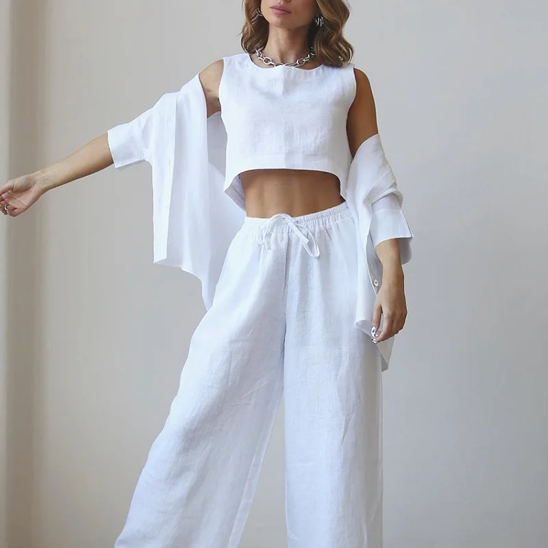 NR403 wholesale ladies women 100% cotton clothing top and pant 3 piece loungewear set linen lounge wear