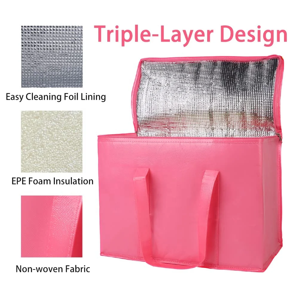 Low Price Portable Heavy Duty Aluminum Opening Food Container Cooler Insulated Zippered Top Reusable Grocery Shopping Box Bags