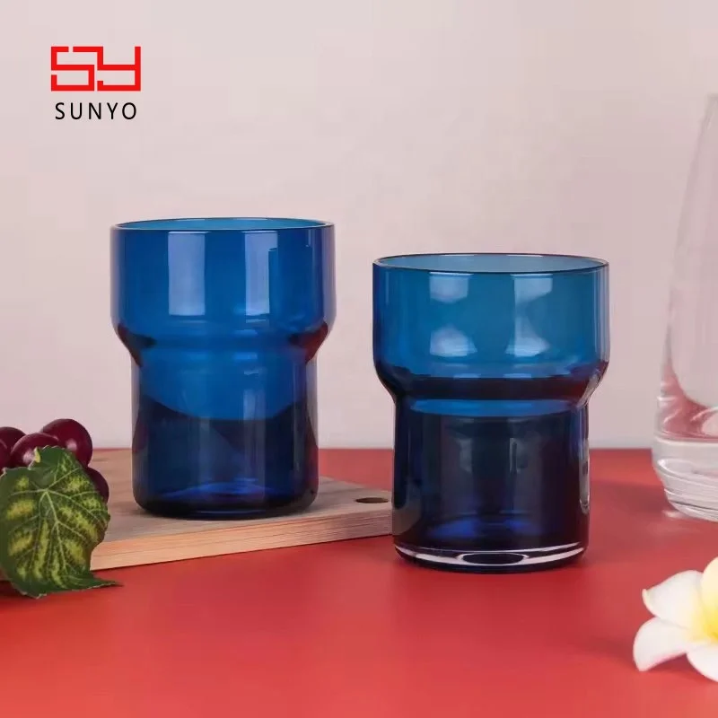 Custom Colored Design High Quality Handmade Borosilicate Stepped Surface Stacking Utility Blue Tumbler Colored Water Glasses