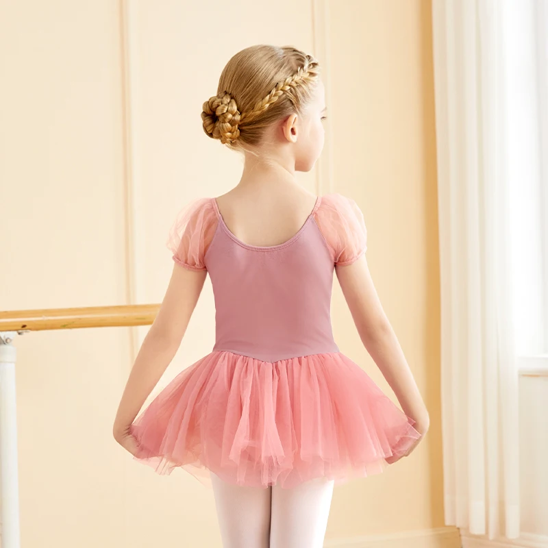 Girls Ballet Leotard Cotton Puff Sleeve Korean Tutu Dress Princess Flower Kids Dance Dress