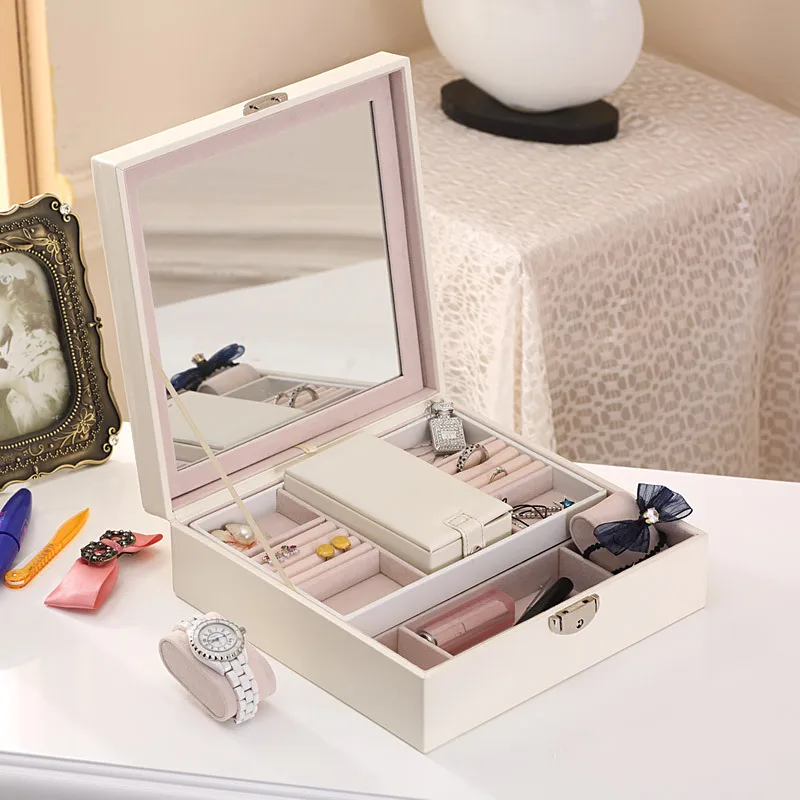 Leather Travel Makeup And Jewelry Display Removable Vanity Mirror Jewelry Case With Metal Lock