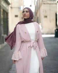 Simple Ruffle Sleeves Embroidery Open Abaya For Muslim Women Stylish Pearl Bead Lace Trim Abaya Muslim Dress For Women Dubai