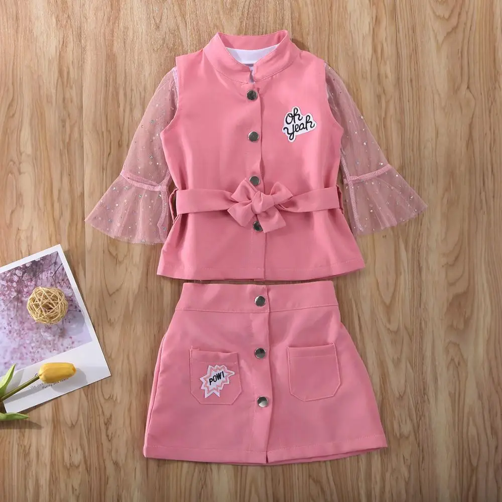 Elegant Girl Clothes 2020 Toddler Baby Kid Girls Set Vest Coat Lace Flare Sleeve +Vest Tops Shirt +Mini Skirts 3pcs Outfits