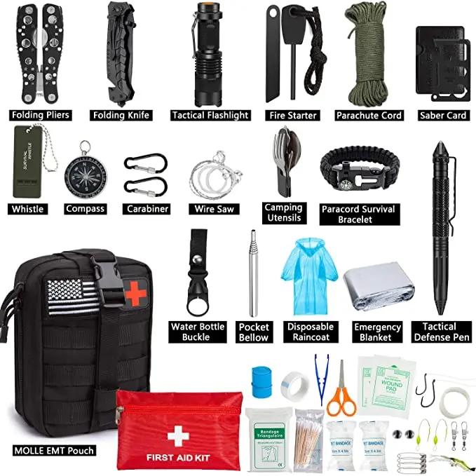 Professional 47 in 1 Emergency Survival Kit with LED SOS Tactical Flashlight Black Molle Pouch First Aid Gear