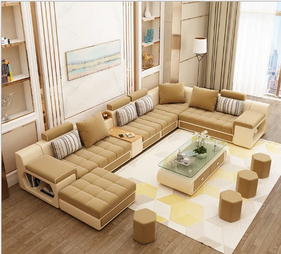 cheap home Furniture 7 Seater modern European wooden fabric U shaped Chaise Lounge sectional couch living room sofa set