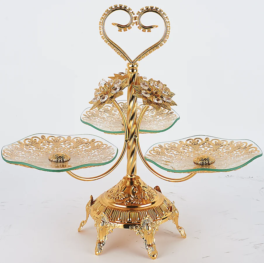 European Luxury Decorative Glass Multi-Layer Dried Fruit Tray With Gold Iron Stand
