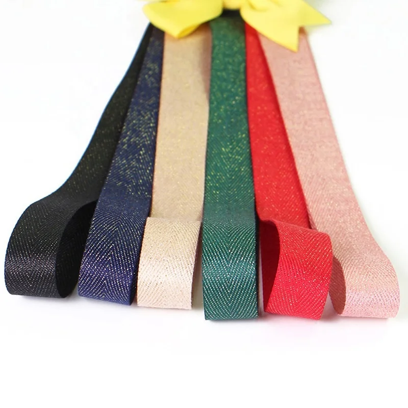 Gold glitter herringbone ribbon/twill ribbon/color glitter ribbon