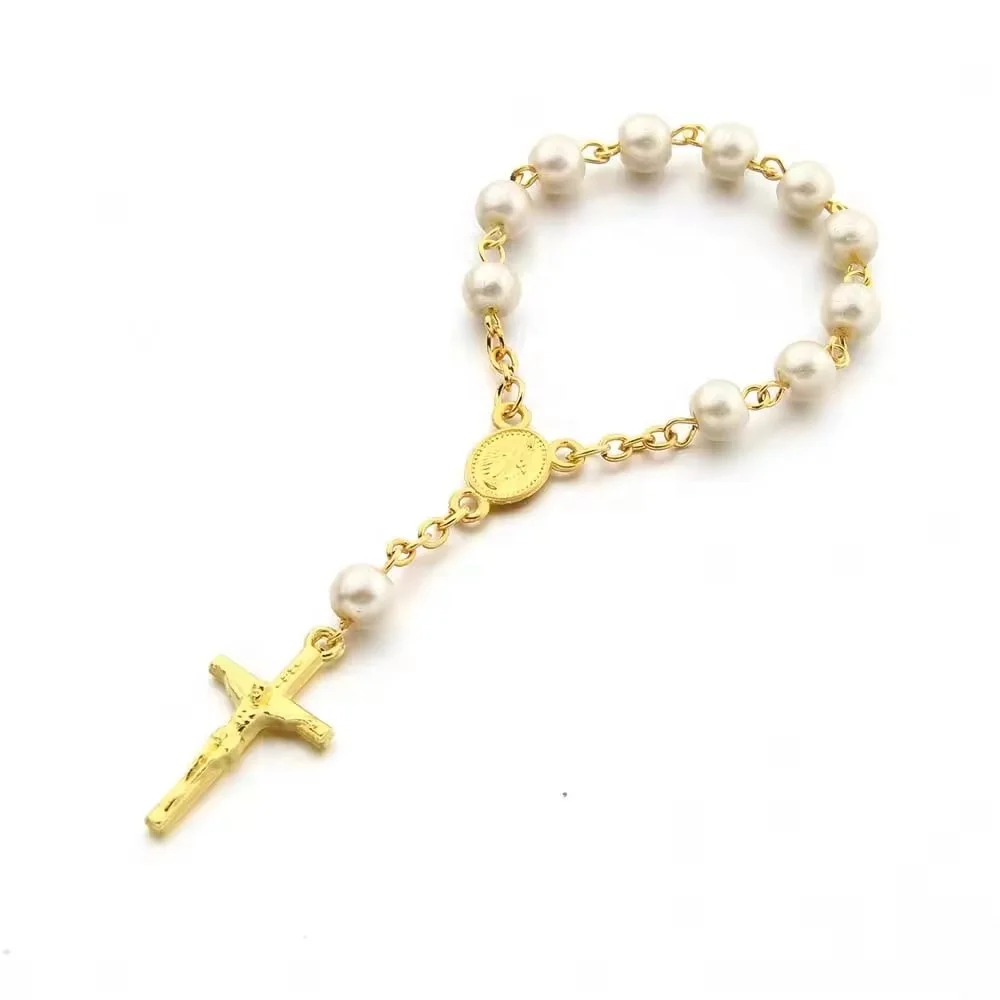Baby Baptism Gold Plated Catholic Pray Rosary Bracelet Child Religion Mini Beaded Chain Jesus Christian Glass Pearl Bracelet
