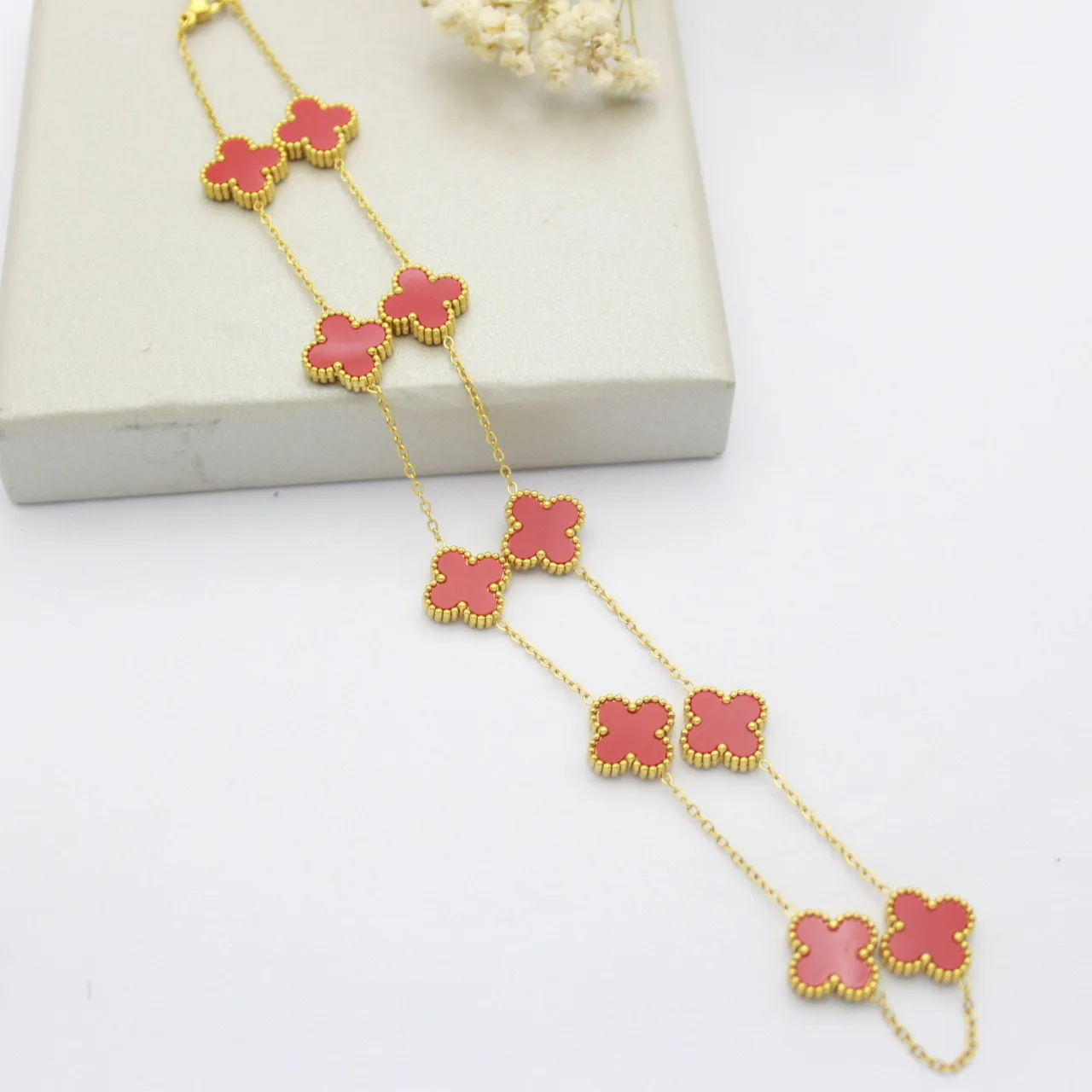 Titanium Steel 10 Flower Sweater Chain Non-fading Double Sided Four-leaf Clover Necklace 65cm Forest Series Long Chain Necklace