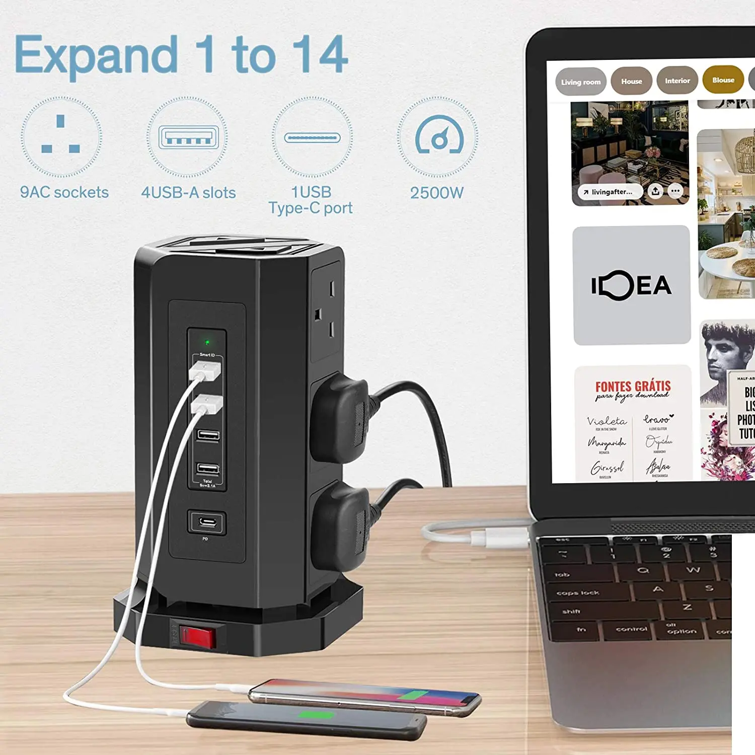 220V 13 Amp CE Vertical Power Plug and Tower Shape Extension Socket USB Outlet UK with USB -A USB-C charging socket
