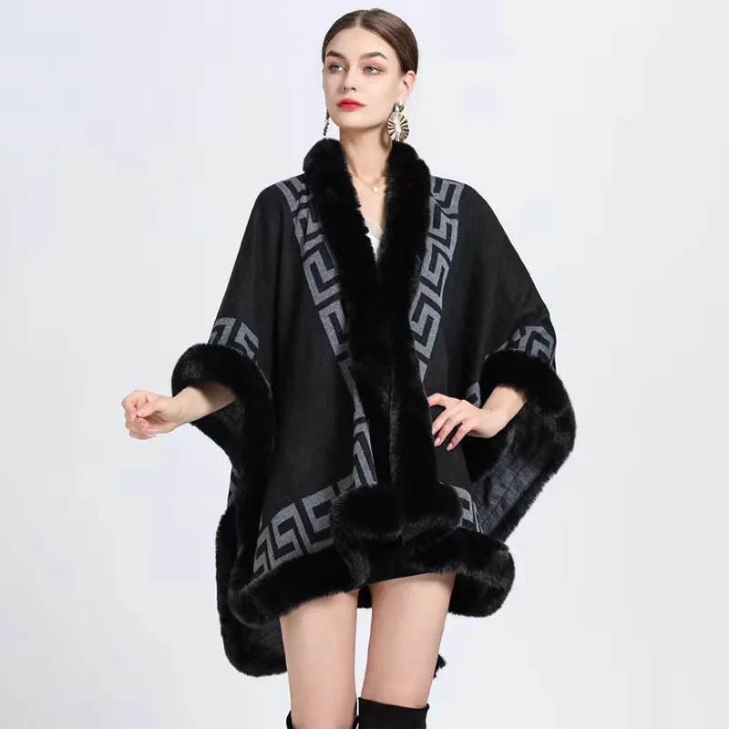 2024 New Design Winter Women Jacquard Wraps Stole knitted Oversized Faux Fur Collar Poncho Cape Shawl