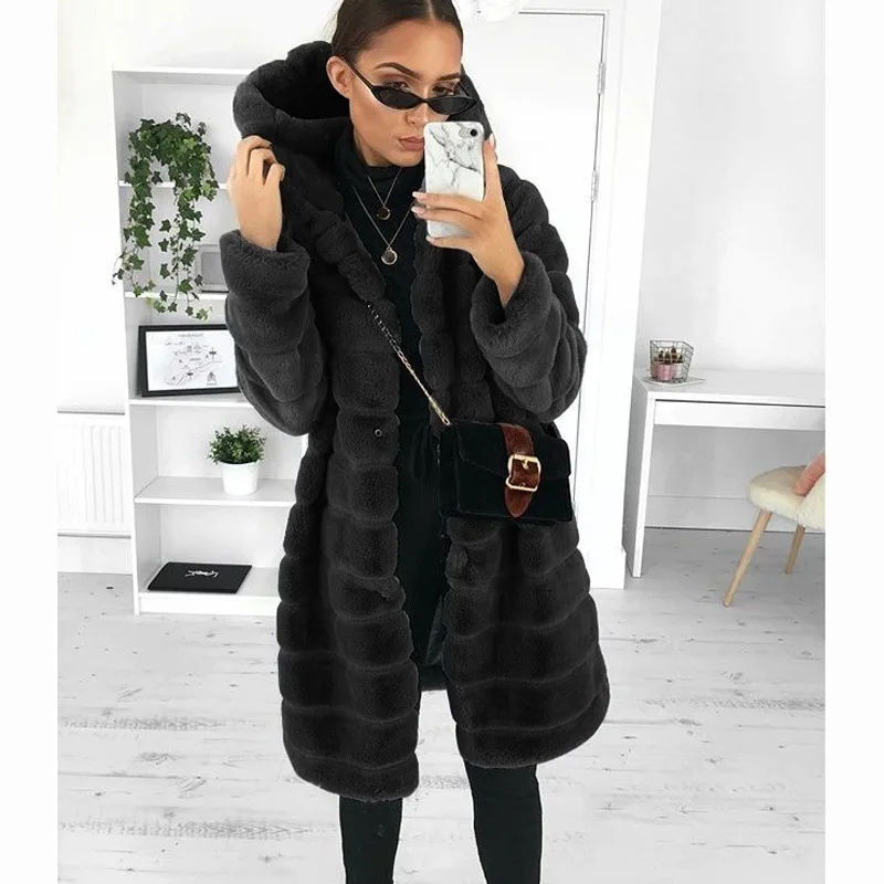 2021 Fashion design solid colors women ladies winter warm faux mink fur long coats with hooded