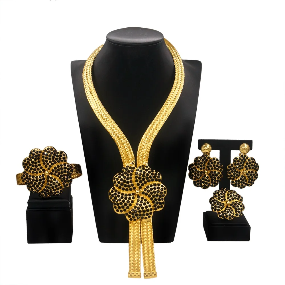 Yulaili latest new arrivals Exquisite Gold Plated Women fashion Pendant Necklace Bracelet Earring Ring Wholesale Jewelry Set