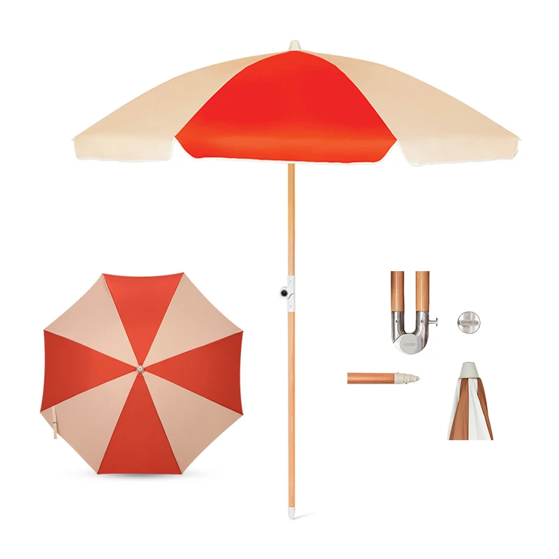 6FT Premium Quality UV 50+ Sun Protection Double-sided Printing Canopy Reclaimed Timber Pole Warm Red Vintage Beach Umbrella
