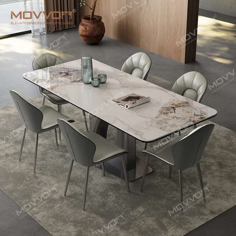 Cheaop Wholesale Unique Shape High Gloss Dining Table Oval Round Marble Sintered Stone Dining Table Set