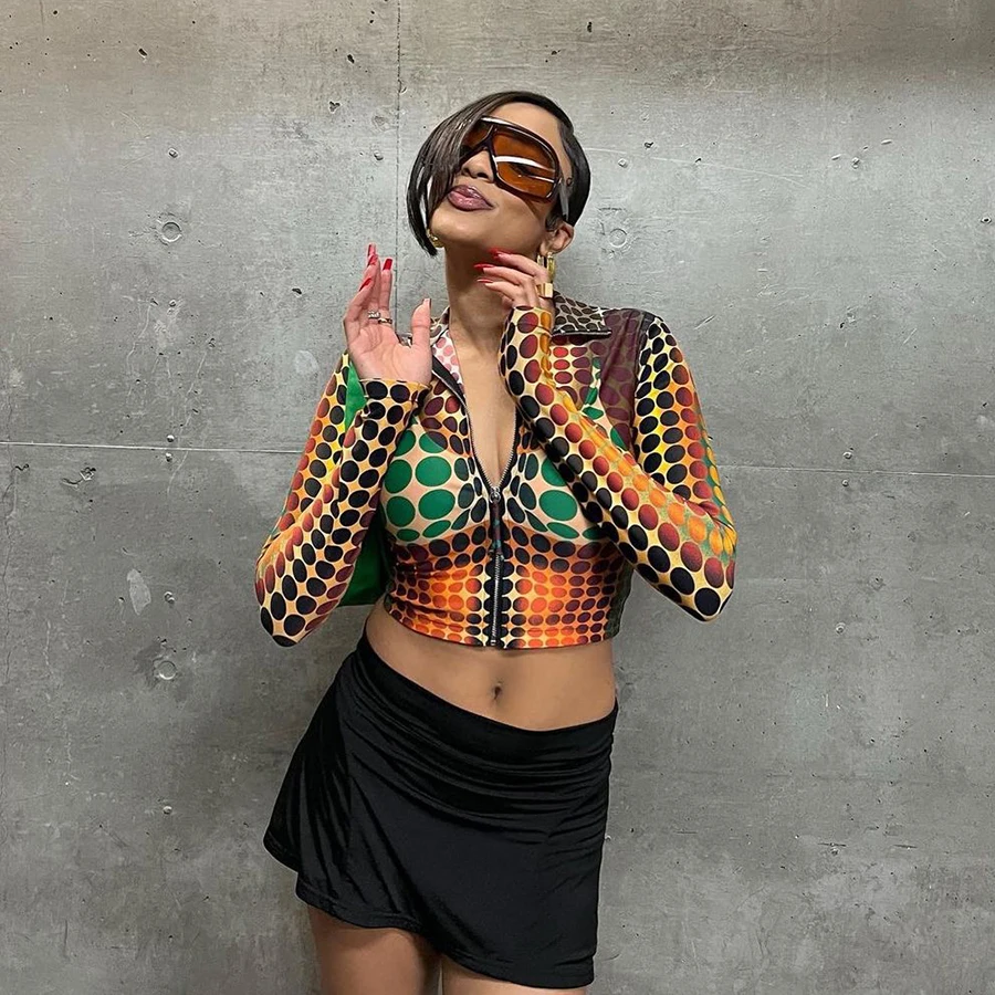 25319 Fashion Clothes 3D Dot Print Long Sleeve T Shirt High Street Style Tees Women Zip Top