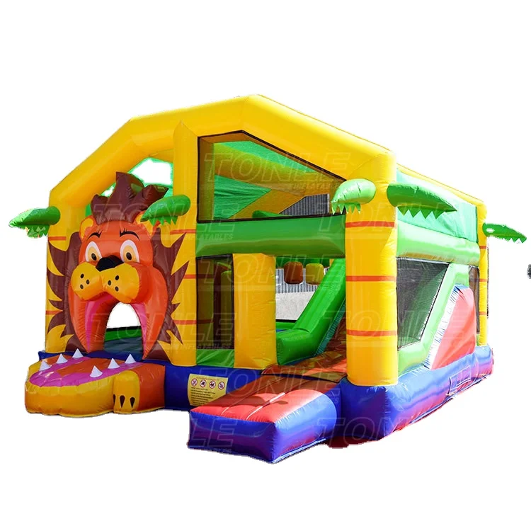 most popular multiplayer lion with roof inflatable jumping bouncy castle,cheap bounce house with slide combo for sale