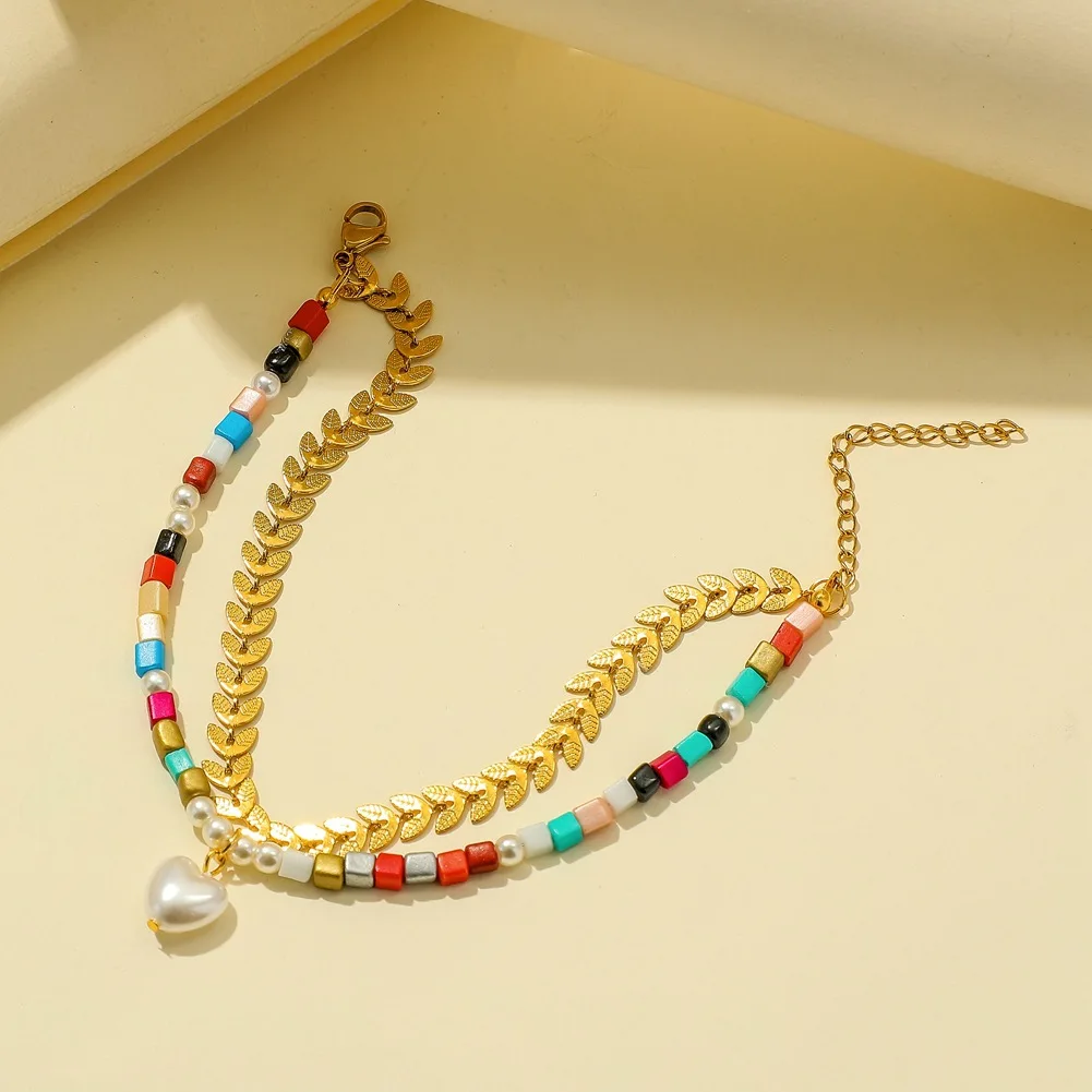 Feminine Type2 Layered Bohemia Colorful Seedbeads Bracelet Heart Pearl Pendant Wheatear Stainless Steel Bracelet For Women