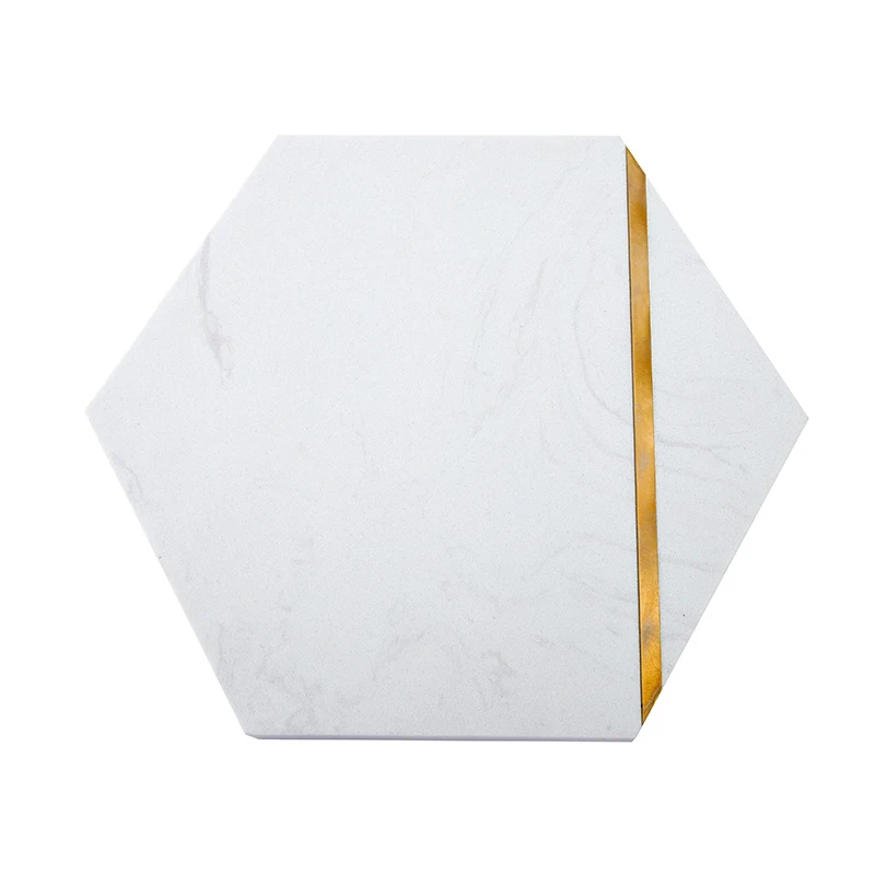 2025 luxury white marble plate with brass copper bar hexagon stone food tray natural stone marble serving plates trays boards