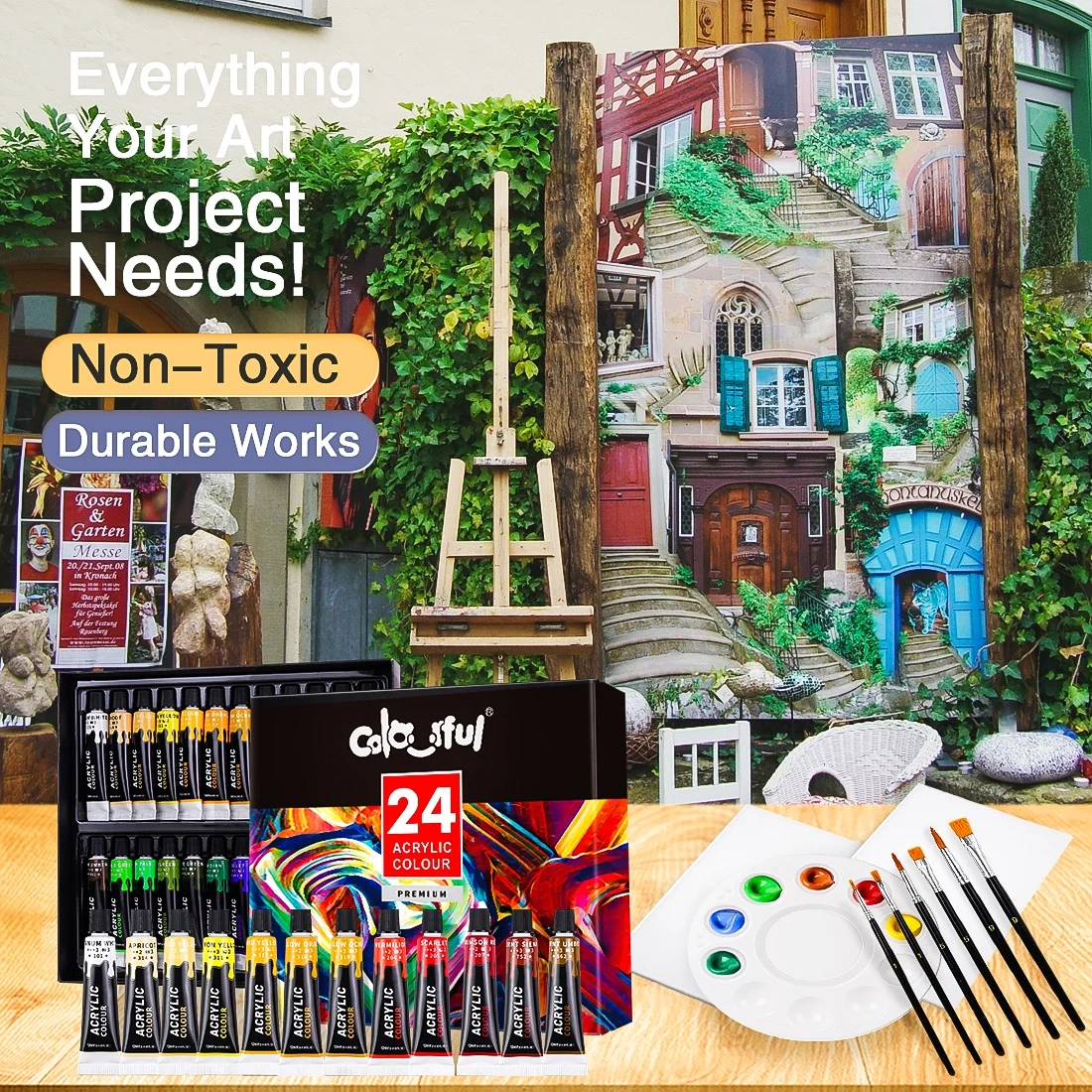 Lanpo Craft Acrylic Paints Set with 6 brushes ,1 palette 24 Colors Art Painting Kit for Wood,Canvas,Fabric,Rock,Glass