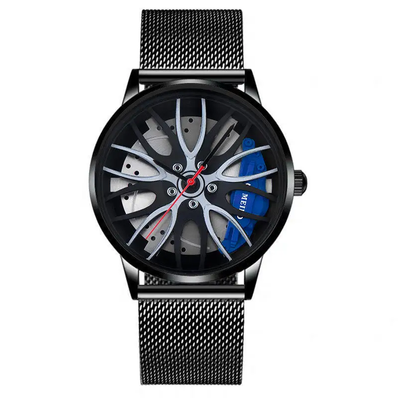 2023 New Fashion Black Car Wheel Design Quartz Watches Men Rim Hub Wheel Male Mesh Band Watch