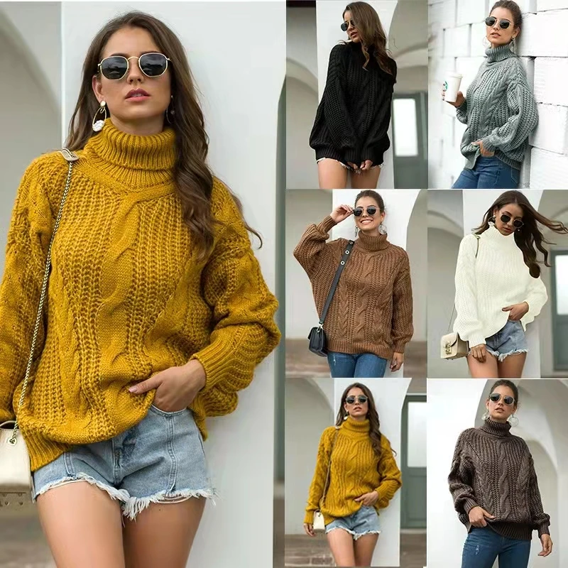 OEM&ODM Knitted Pullover Oversized Sweater Autumn and Winter Long Sleeve Casual Loose Custom High Neck Women Vintage Sweater
